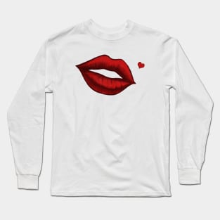 Red Kissing Lips With Heart Shaped Beauty Mark Art Long Sleeve T-Shirt